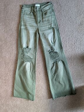 High-Rise Olive Green Wide-Leg Distressed Jeans